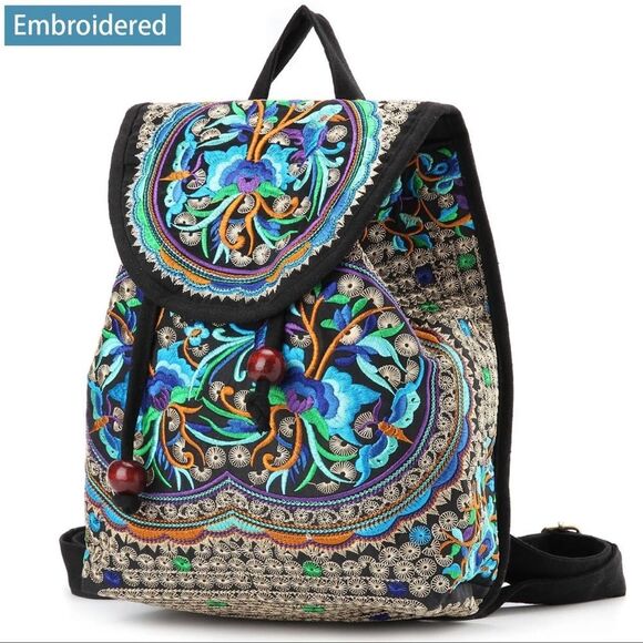 Goodhan Embroidered Bohemian Canvas Backpack Purse Blue/Purple Floral EUC main image 11